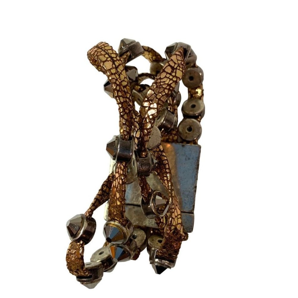 HEET Rockstar Leather Bracelet 4 Strand Metallic Copper Goldtone Swarovski Cryst